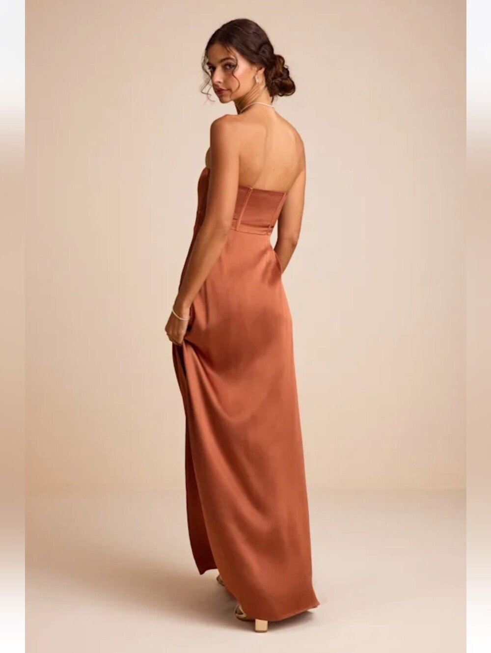Lulus Extraordinary Presence Rust Brown Satin Strapless Maxi Dress - Size L - Picture 2 of 4